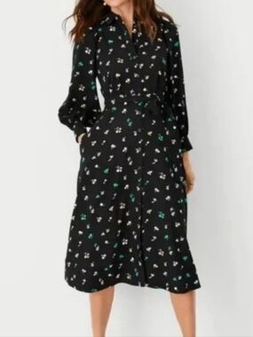 Ann Taylor Black Floral Midi Shirt Dress 4P Button Front Work Office Elegant